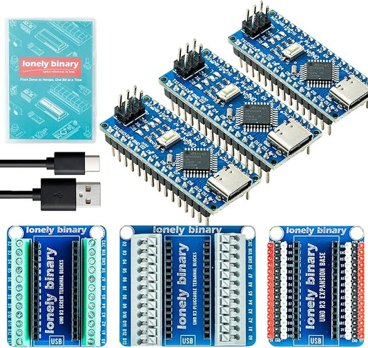 3-Pack Nano V3.0 Development Board Expansion Kit, 3 x Nano V3.0 Type-C & 3X Versatile Expansion Board (Screw, Non-Screw, 2.54mm) Compatible with Arduino IDE Prototyping Projects
