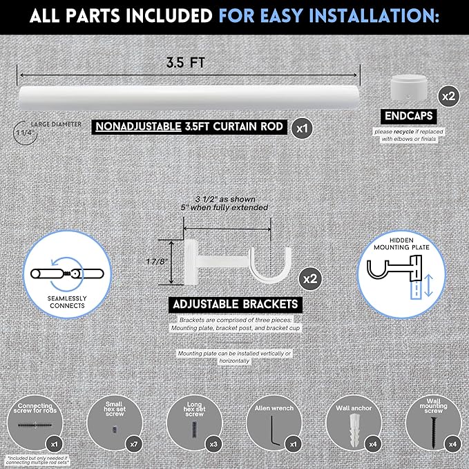 BlastHome® Non-Adjustable Luxury Curtain Rods for Windows, 1 ¼” Rod Set, 3 1/2 foot Fixed Length, Brushed White