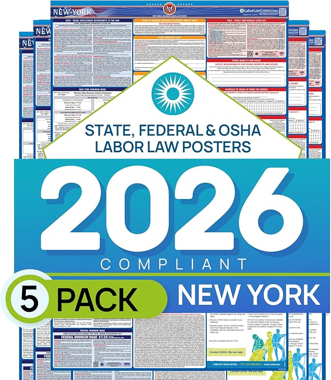 North Carolina 2026 Labor Law Poster – State & Federal Compliance – OSHA, EEOC, FMLA, Minimum Wage – Durable, Laminated & Waterproof Workplace Employment Poster – Made in USA – 26” x 39.5”, 5-Pack