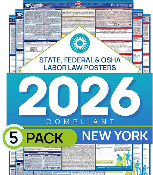 North Carolina 2026 Labor Law Poster – State & Federal Compliance – OSHA, EEOC, FMLA, Minimum Wage – Durable, Laminated & Waterproof Workplace Employment Poster – Made in USA – 26” x 39.5”, 5-Pack