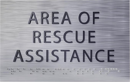 Area of Rescue Assistance Sign - ADA compliant sign. 6"x4" sign made from durable plastic with raised lettering and Braille. Designed to meet ADA (Americans with Disabilities Act) regulations.