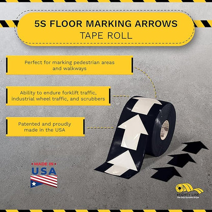 Mighty Line 5.5" Wide Solid Arrows Roll, Directional Sticker Sign Floor Marking Tape for Safety, Caution, Warning, Heavy-Duty, Peel and Stick, Adhesive, Industrial Quality, Black, Pack of 200