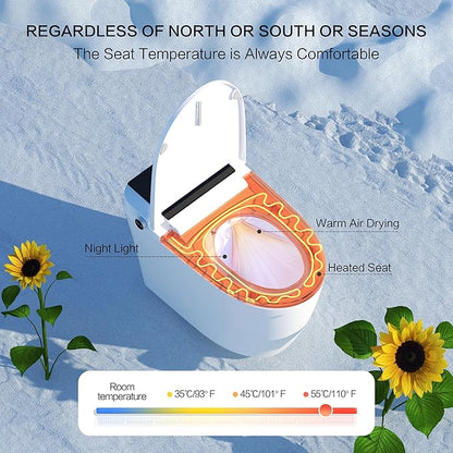 Smart Toilet with Bidet Built-In and Tank – Foam Shield, Heated Seat, Dual Flush, Warm Water & Dryer, Mutiple Clean Modes, Foot Sensor, Night Light, and Wireless Remote Control