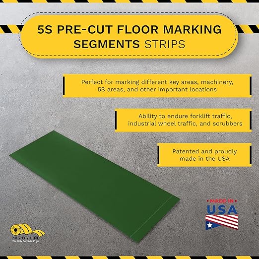 Mighty Line Floor Marking Tape Strips for Safety, Caution, Warning, Heavy-Duty, Peel and Stick, Adhesive, Industrial Quality, Green, 6" by 10"