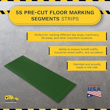 Mighty Line Floor Marking Tape Strips for Safety, Caution, Warning, Heavy-Duty, Peel and Stick, Adhesive, Industrial Quality, Green, 6" by 10"