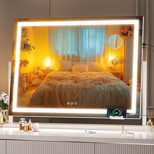 Hasipu Vanity Mirror with Lights, 32" x 24" LED Makeup Mirror, Light up Mirror with 10X Magnification and Phone Holder, USB Charging Port, Smart Touch 3 Colors Dimmable (White)