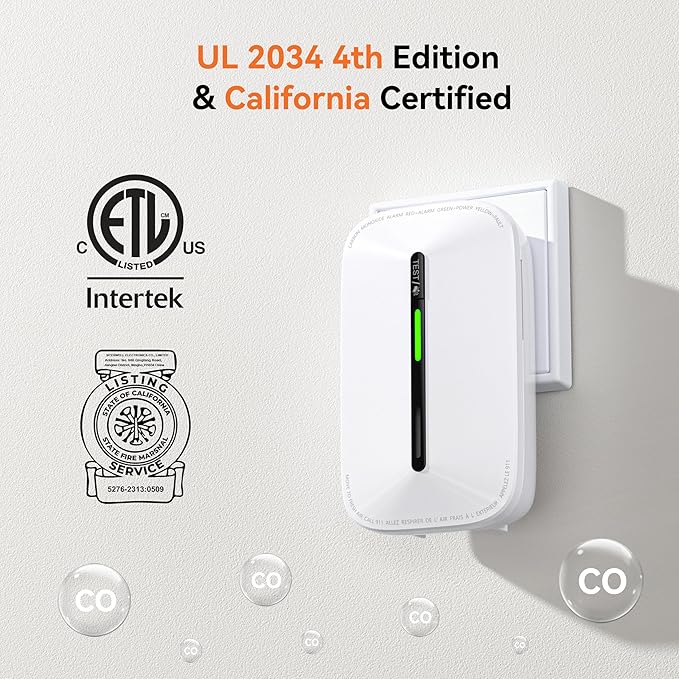 Jemay Plug in Carbon Monoxide Detector,10 Year Battery CO Alarm Detectors with Test-Button & Breathing Light, Portable AC Power CO Monitor Detectors for Home/Hotel, Just Plug & Play, 1 Pack