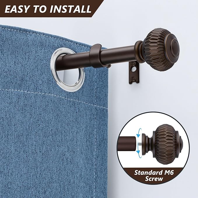 Bronze Curtain Rods for Windows 28 to 48 Inches, 6/8 Inch Adjustable Heavy Duty, Lantern Ball Finials, Window Treatment Single Rod Set