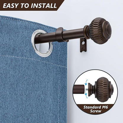 Bronze Curtain Rods for Windows 28 to 48 Inches, 6/8 Inch Adjustable Heavy Duty, Lantern Ball Finials, Window Treatment Single Rod Set