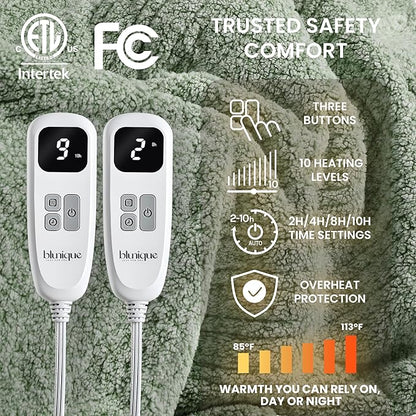 Heated Blanket Electric Blanket King - Fast Heating Blanket Throw Dual Control Double Sided Sherpa with 6 Heating Levels & 1-10 Hours Auto Off, Mashine Washable, 90 x 100 Inches, Sage