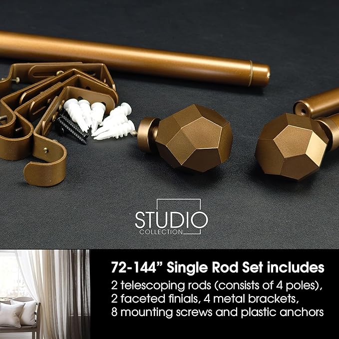 1-1/8 Inch Diameter Aged Bronze Curtain Rod with Geometric Faceted Finials, 72-144'' Telescoping Single Curtain Rods for window width 68-140 inch, 1 pack