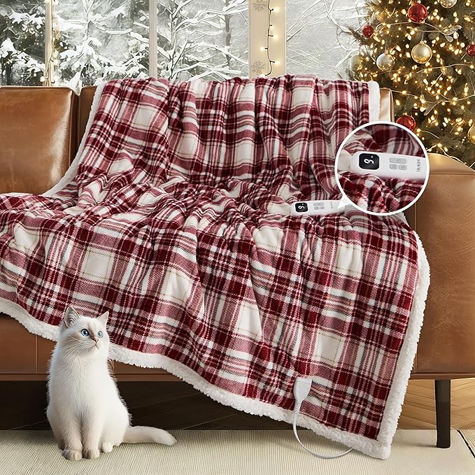 Christmas Heated Blanket Electric Throw 50''x60''Ultra Soft Plaid Flannel Fast Heating Electric Blanket with 10 Heat Levels & 10 Hrs Auto Off, ETL Certified, Keep Warm in Couch Bed Office