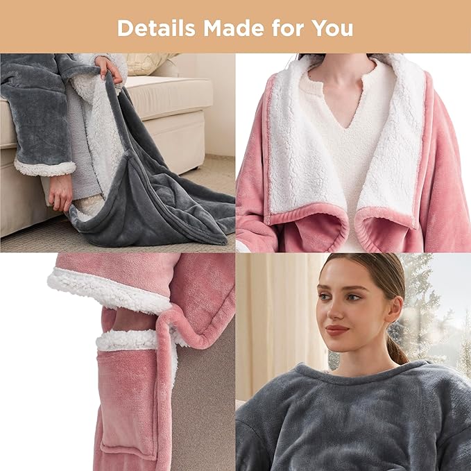 Bedsure Wearable Heated Blanket with Foot Pocket - Electric Snuggle Blanket for Adult with Sleeves, Winter Gifts for Mom Women Girlfriend, Warm Sherpa Heating Throw, Auto Shut Off, 50 x 71+18", Pink