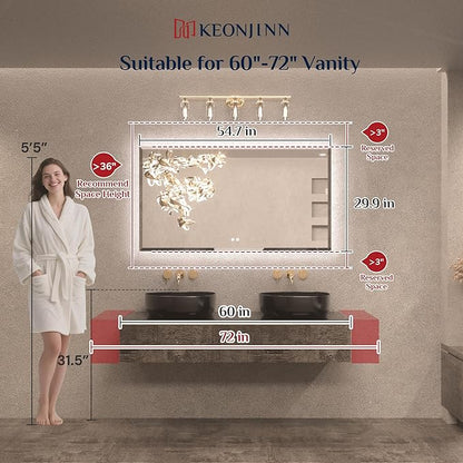 Keonjinn 55 x 30 Inch Backlit Bathroom Mirror with Lights, Beveled Large Lighted Vanity Mirror for Wall, HD Tempered Glass, Safe Defogging, UL-Listed, 3000K/4500K/6500K, Big Frameless LED Mirror