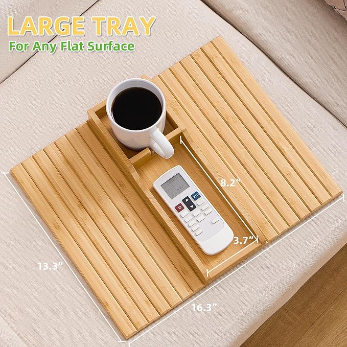 GEHE Couch Cup Holder, Anti Falling Sofa Arm Tray, Natural Bamboo Sofa Cup Holder More Safe for You Family, Portable Couch Arm Tray Armrest Table for Remote, Snacks, Phone, Drinks