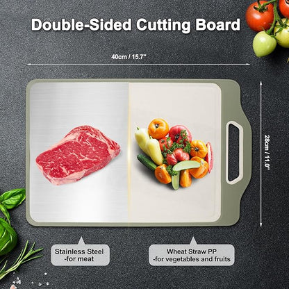 VOCOSTE Double-Sided Stainless Steel Cutting Board, Hygienic Kitchen Board for Meat, Fruits & Vegetables, Dishwasher Safe, Families with Children and Elderly, Green
