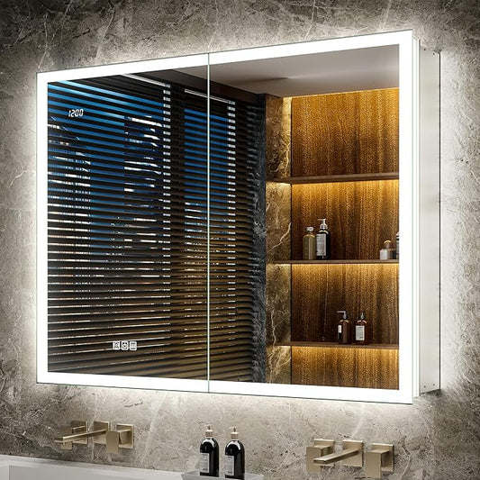 40x30 LED Medicine Cabinet Mirror with Double Lights-Front & Backlit, 155°Soft-close Hinge, Surface or Recessed Dimmable Lighted Medicine Cabinet Mirror with Clock Outlet Inner Light,Anti-fog