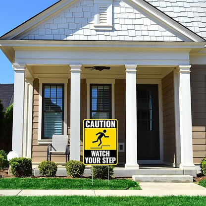 2PC Watch Your Step Sign with Metal Stakes, 12 Inches by 9 Inches - Corrugated Plastic - Caution Please Watch Your Step Sign Outdoor