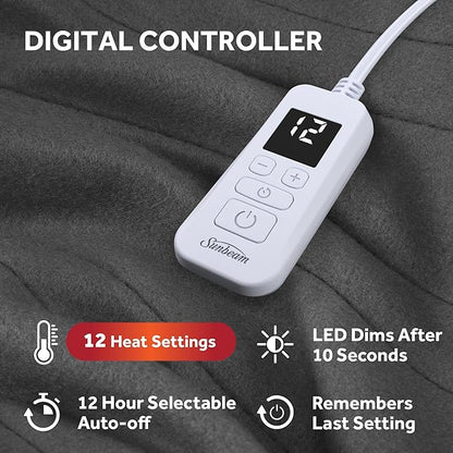 Sunbeam Royal Ultra Fleece Heated Electric Blanket Twin Size, 84" x 62", 12 Heat Settings, 12-Hour Selectable Auto Shut-Off, Fast Heating, Machine Washable, Warm and Cozy, Iron