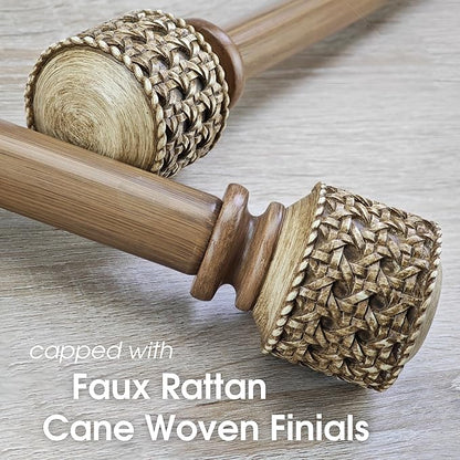1-1/8 Inch Diameter Faux Wood Curtain Rods with Faux Rattan Cane Woven Finials, 36-72'' Telescoping Single Curtain Rods for window width 24-68 inch, 1 pack