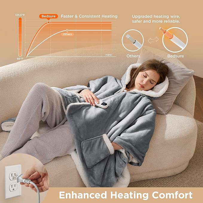 Bedsure Heated Blanket Wearable Shawl - Electric Wrap Poncho Blanket Hoodie for Adult, Birthday Gifts for Mom Women, Sherpa Heating Throw with 4 Time Settings & 6 Heat Settings, 55x64 inches, Grey