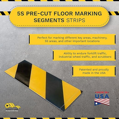 Mighty Line Floor Marking Tape Strips for Safety, Caution, Warning, Heavy-Duty, Peel and Stick, Adhesive, Industrial Quality, Yellow and Black Hazard, 2" by 10"