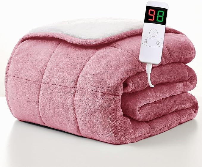 Homemate Heated Weighted Blanket for Adults - 50"x60" 10lbs Electric Throw Fast Heating Heavy Blanket 1/2/4/6/8 Hour Auto Off 10 Heat Levels Over-Heat Protection Soft Flannel Sherpa