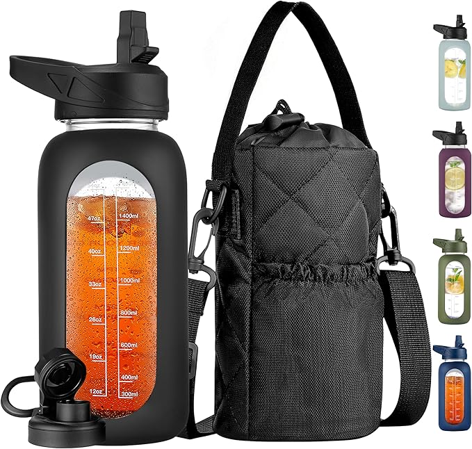 CIVAGO 32 oz Glass Water Bottle with Straw and Insulated Bottle Holder Sling, Motivational Water jug with Time Marker and Silicone Sleeve, Large Sport Water Flask with 2 Lids, Black