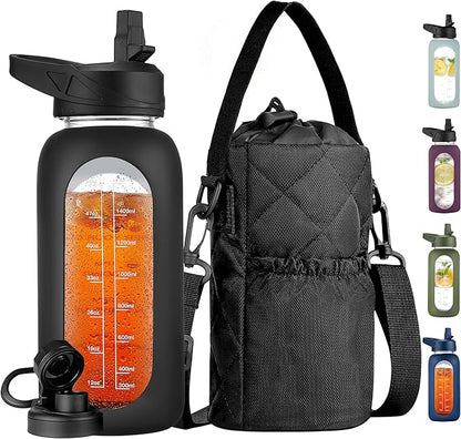 CIVAGO 32 oz Glass Water Bottle with Straw and Insulated Bottle Holder Sling, Motivational Water jug with Time Marker and Silicone Sleeve, Large Sport Water Flask with 2 Lids, Black