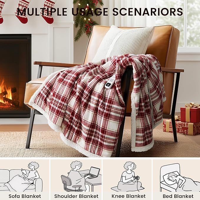 Christmas Heated Blanket Electric Throw 50''x60''Ultra Soft Plaid Flannel Fast Heating Electric Blanket with 10 Heat Levels & 10 Hrs Auto Off, ETL Certified, Keep Warm in Couch Bed Office
