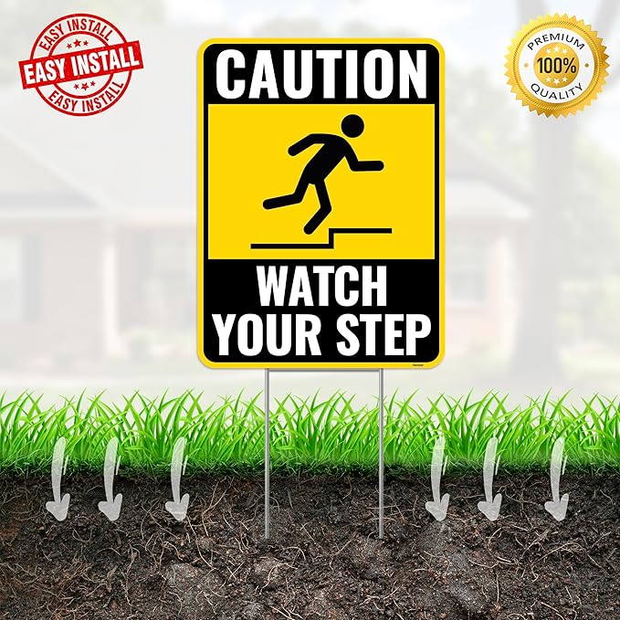 2PC Watch Your Step Sign with Metal Stakes, 12 Inches by 9 Inches - Corrugated Plastic - Caution Please Watch Your Step Sign Outdoor