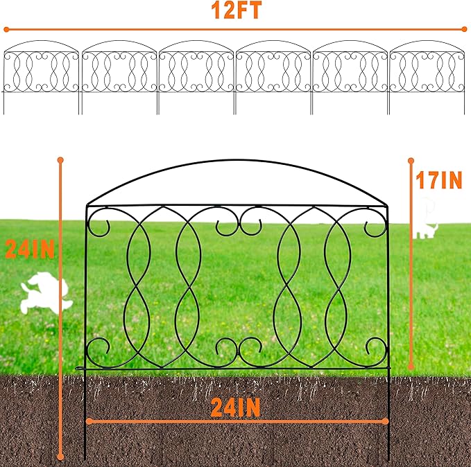 Decorative Fence 24in x 12ft 6 Piece Metal Garden Fence Extra Thick Wire Outdoor Patio Rustproof Fencing Animal Barrier