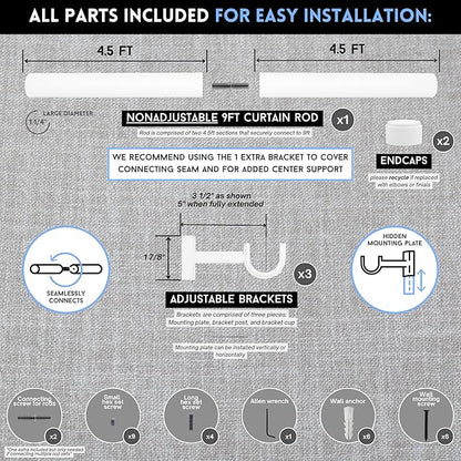 BlastHome® Non-Adjustable Luxury Curtain Rods for Windows, 1 ¼” Rod Set, 9 foot Fixed Length (Two Rods Connect for a Seamless Look), White