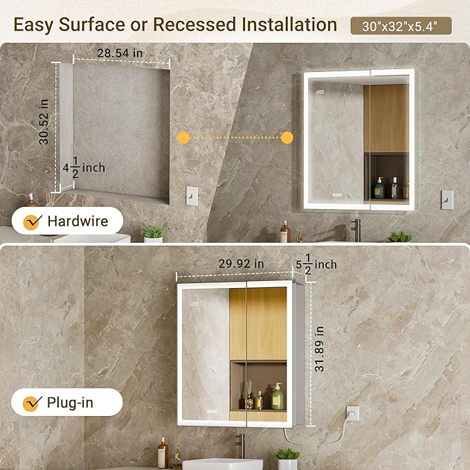 30x32 LED Medicine Cabinet Mirror with Double Lights-Front & Backlit, 155°Soft-close Hinge, Surface or Recessed Dimmable Lighted Medicine Cabinet Mirror with Clock Outlet Inner Light,Anti-fog