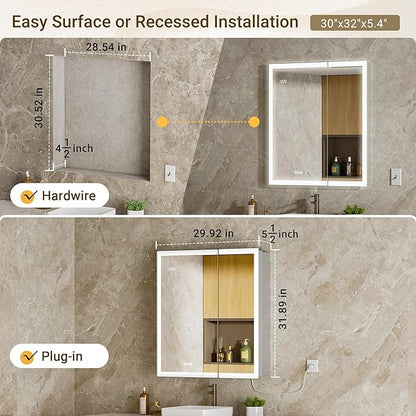 30x32 LED Medicine Cabinet Mirror with Double Lights-Front & Backlit, 155°Soft-close Hinge, Surface or Recessed Dimmable Lighted Medicine Cabinet Mirror with Clock Outlet Inner Light,Anti-fog