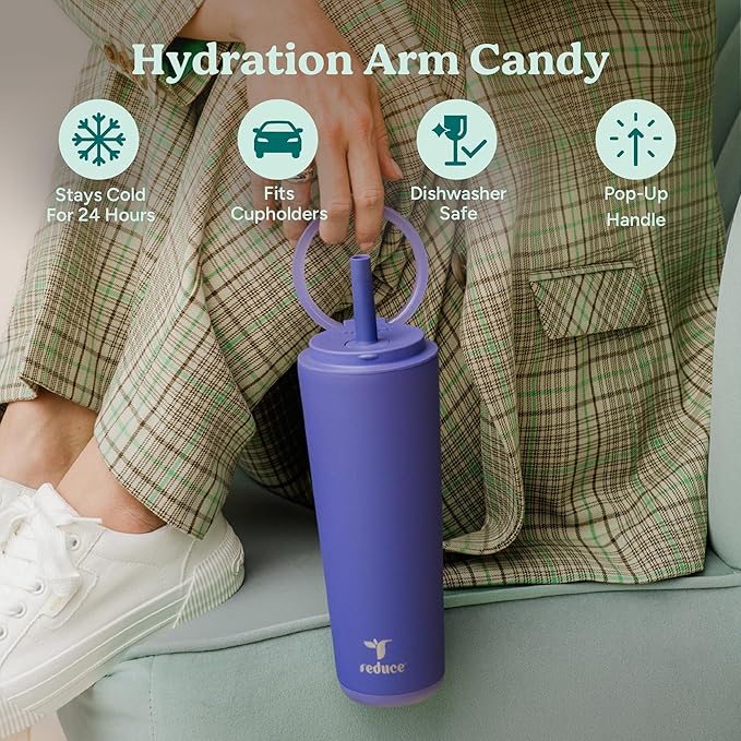 REDUCE Halo 24 oz Stainless Steel Vacuum Insulated Tumbler - Spill Proof Travel Mug with Flip Handle Lid - Keeps Drinks Cold for 32 Hrs - Dishwasher Safe - Cupholder Friendly - Glacier