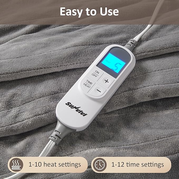 SUNVIVI Heated Blanket King Size, Electric Throw Dual Control, 5 Years Warranty, 10 Heat Settings, 12 Hours Auto Off, Soft Flannel and Sherpa, Machine Washable, ETL Certified, Grey, 100x90 Inch