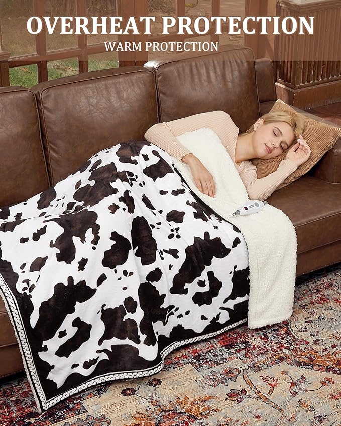 CAROMIO Heated Electric Blanket Queen Size with LCD Dual Controller, Cow Print Heating Blankets, 10 Heat Levels & 1-12H Time Settings, ETL Certified, Machine Washable, Brown Black, 84" x 90"