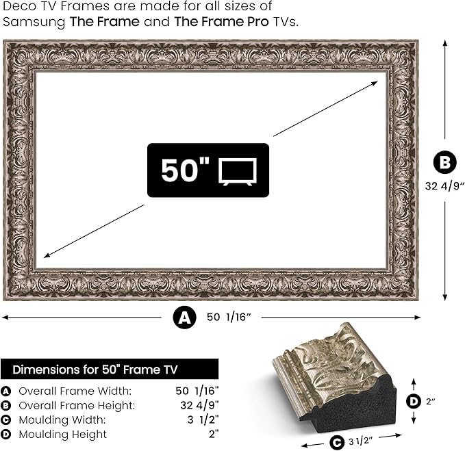 Tuscan Silver 50" Premiere Deco TV Frame - Compatible ONLY with Samsung The Frame TVs (Fits 2021-2025, LS03A, LS03B, LS03C, LS03D, LS03FA)