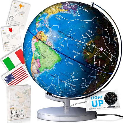 9" Illuminated Educational Kids World Globe + STEM Flags & Countries Interactive Card Game. 3 in 1 Children Desktop Spinning Earth Political & Constellation Maps, LED Night Light Lamp