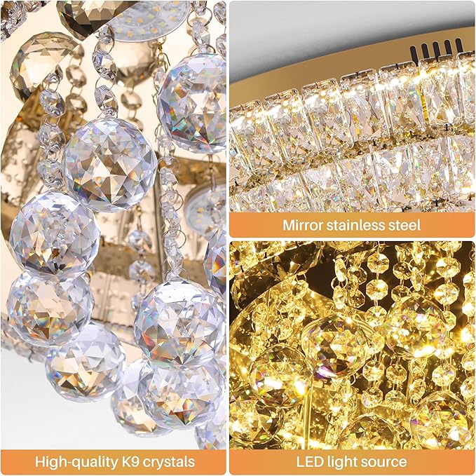 Large LED Crystal Raindrop Ceiling Light,Rose Gold, 24" Elegant Semi Flush Mount Chandelier Light Fixture with Remote Control for Living Room Kitchen Bedroom Hallway Entryway Foyer(Dimmable)