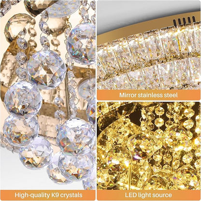 Large LED Crystal Raindrop Ceiling Light,Rose Gold, 24" Elegant Semi Flush Mount Chandelier Light Fixture with Remote Control for Living Room Kitchen Bedroom Hallway Entryway Foyer(Dimmable)