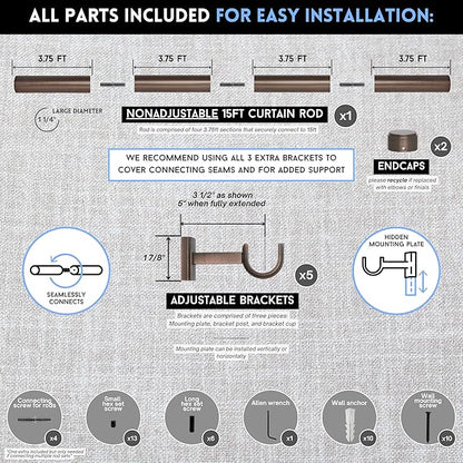 BlastHome® Non-Adjustable Luxury Extra Long Curtain Rod, 1 ¼” Rod Set, 15 foot Fixed Length (Four Rods Connect for a Seamless Look), Oil Rubbed Bronze