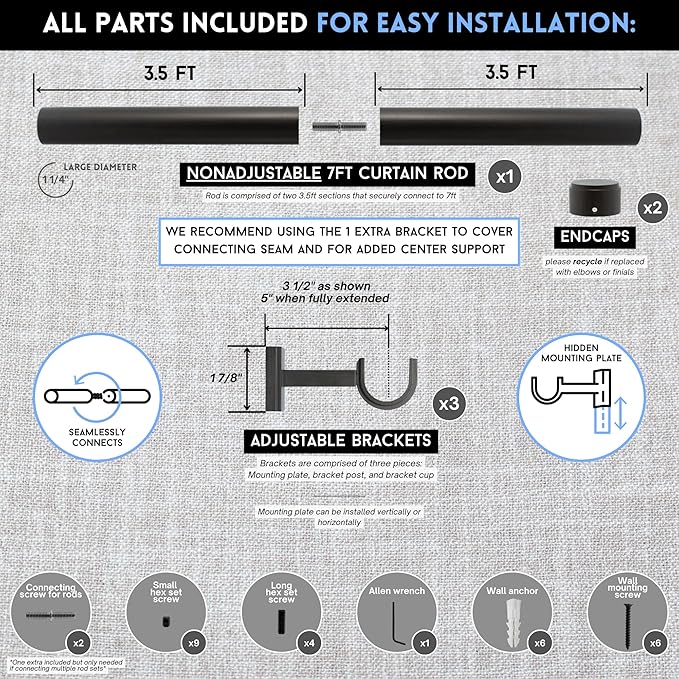 BlastHome® Non-Adjustable Luxury Curtain Rods for Windows, 1 ¼” Rod Set, 7 foot Fixed Length (Two Rods Connect for a Seamless Look), Brushed Dark Brown