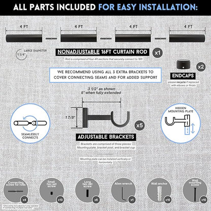 BlastHome® Non-Adjustable Luxury Extra Long Curtain Rod, 1 ¼” Rod Set, 16 foot Fixed Length (Four Rods Connect for a Seamless Look), Brushed Dark Brown