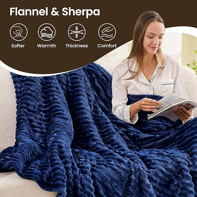 Heated Blanket Electric Blanket 90"x90", Soft Flannel Sherpa Electric Throw with 5 Heating Level & 12 Times Setting, Heated Throw with Overheating Protection, Machine Washable (Navy Blue)