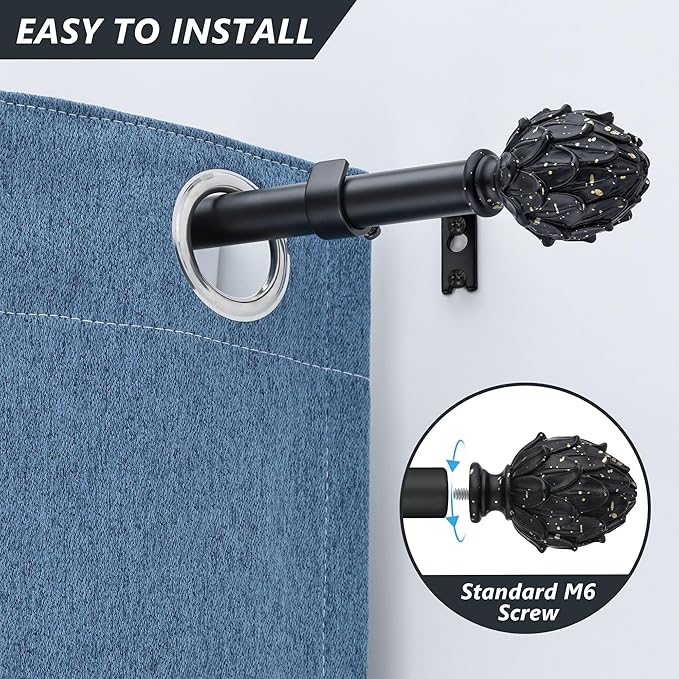 Curtain Rods for Windows 66 to 120 Inches 1 Inch Diameter Adjustable Drapery Rod Decorative Single Window Curtain Rods with Classic Finials,Black