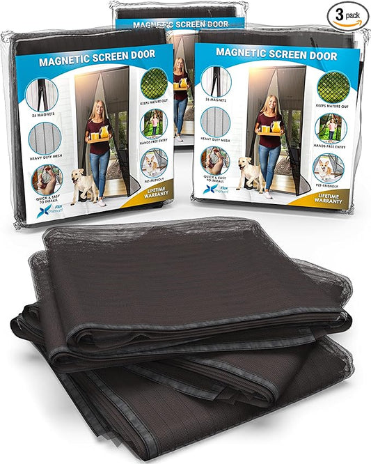 Flux Phenom Magnetic Screen Door (3 Pack) - Bugs Out, Breeze in - 9min Install Auto-Sealing Heavy Duty Double Stitched Mesh, Hands Free Sliding & Patio Doors Net, Pet & Kid Friendly, 38 x 82 Inch