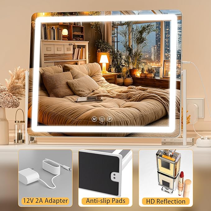 Vanity Mirror with Lights, 29.5'' x 22'' Lighted Makeup Mirror, Touch Screen with 3-Color Lighting, Dimmable for Vanity Desk Tabletop Round White