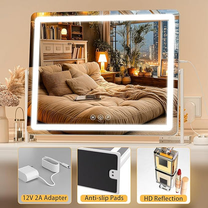 Vanity Mirror with Lights, 29.5'' x 22'' Lighted Makeup Mirror, Touch Screen with 3-Color Lighting, Dimmable for Vanity Desk Tabletop Round White